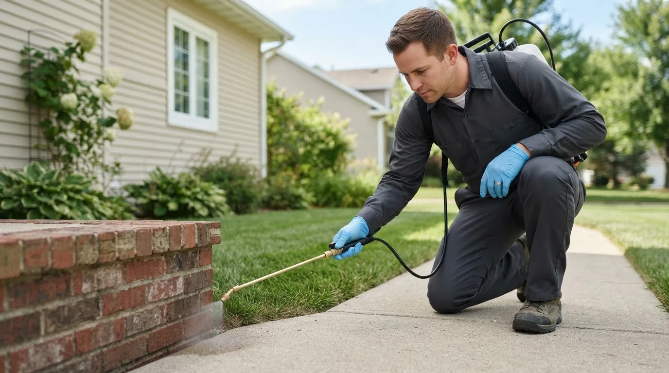 Pest control technician treating a home near Wallsburg, UT